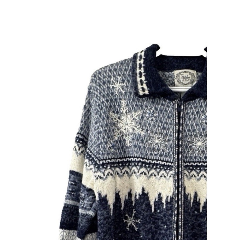 VTG Y2K Womens Large Zip Cardigan Snowflake Sweater Knit Embroidered Beaded Cozy
